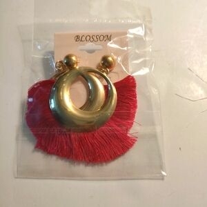 Pink and gold tone hoop tassel earrings